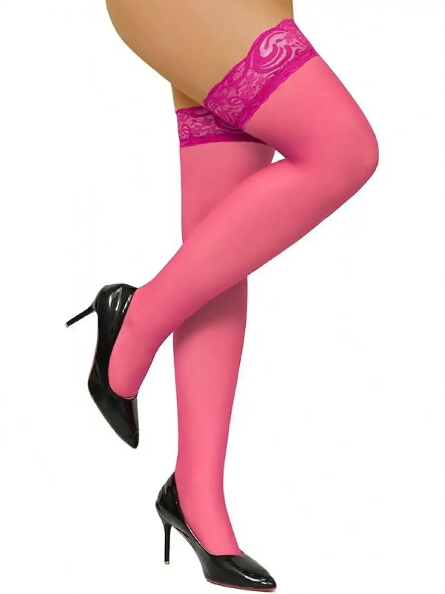 

Women's Pink Lace Top Thigh High Stockings with Silicone Stay-Up Band, Silky Semi Sheer