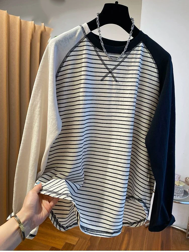 

American retro striped women's long sleeved T-shirt autumn loose thin round neck trendy women's top Y2K