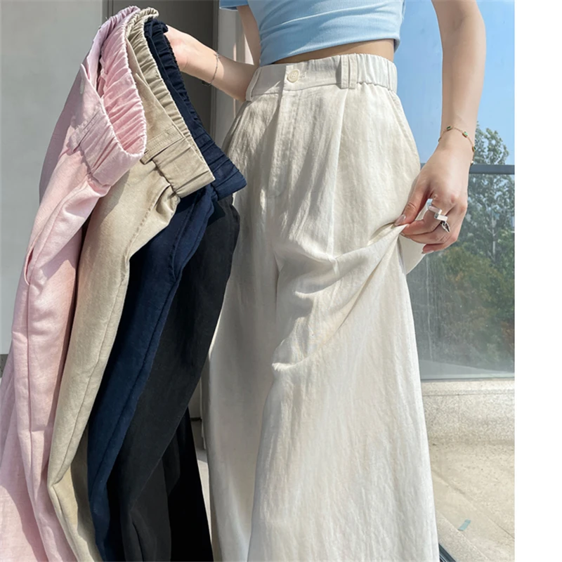 Cotton and Linen Women's Wide Leg Full Pants High Waist Summer Female Elegant Minimalism Straight Loose Trousers 2024 Autumn