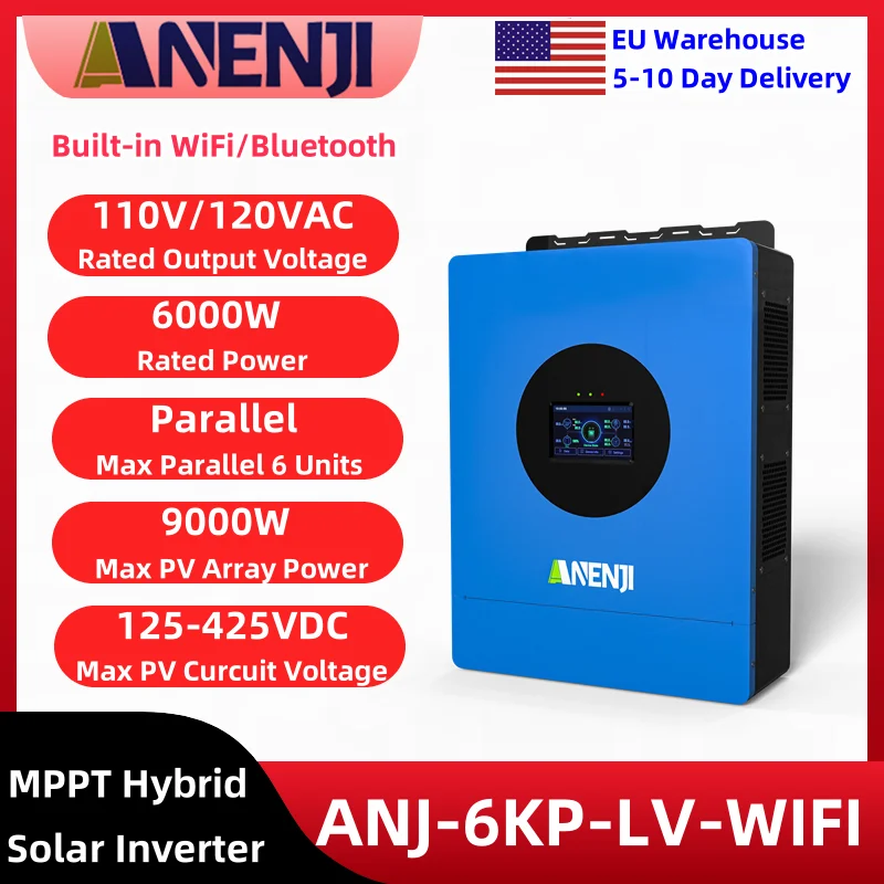 

ANENJI 6KW Parallel Hybrid Solar Inverter 110v 48v Single Phase Built-in 120A MPPT Solar Charge Controller With WiFi Bluetooth