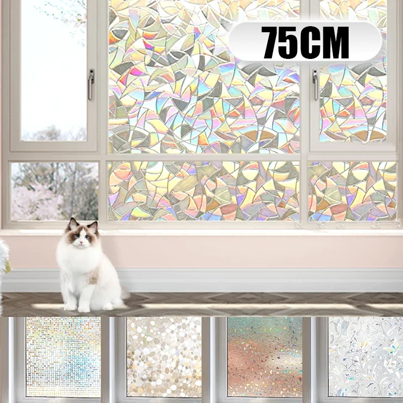 

75CM Stained Glass Window Film Anti Look Vinyl Rainbow Privacy Stickers Adhesive Static Cling Shower Window Frosted Decoration