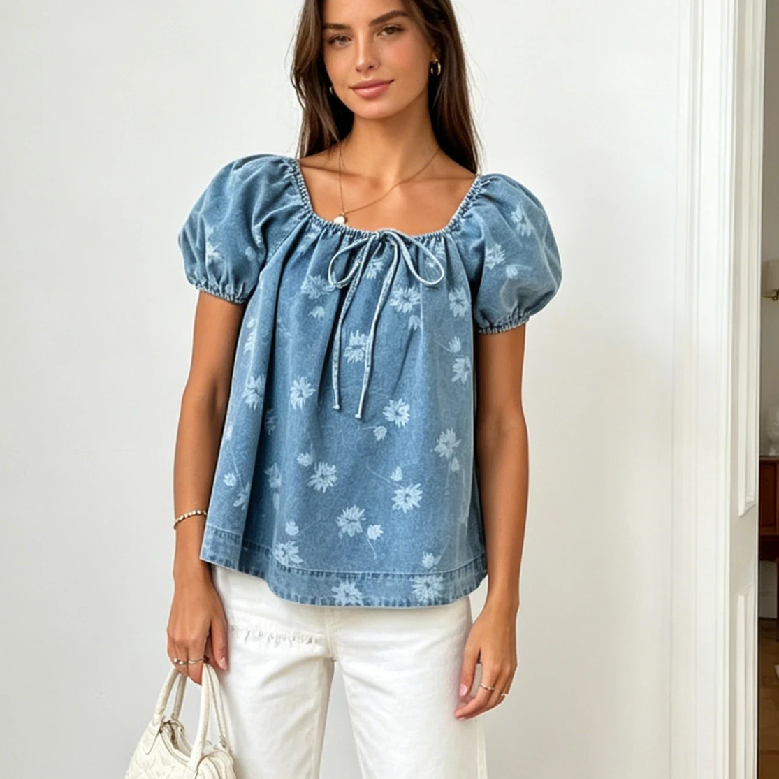Denim Tops Women Top Square Collar Puff Sleeve Sexy Lace Up Print Y2k Streetwear Casual Elegant Work Slim Fit Tees 2026 Summer