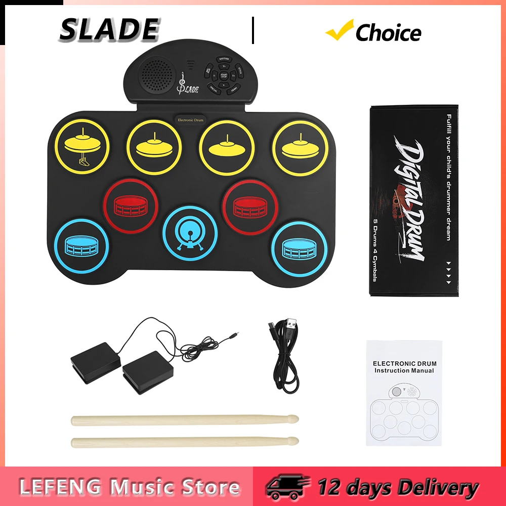 SLADE Electronic Drum Set Hand-rolled Drum 5 Drums 4 Cymbals 9 Pads Practice Pad Portable Drum Set Gifts with Drumsticks Pedals