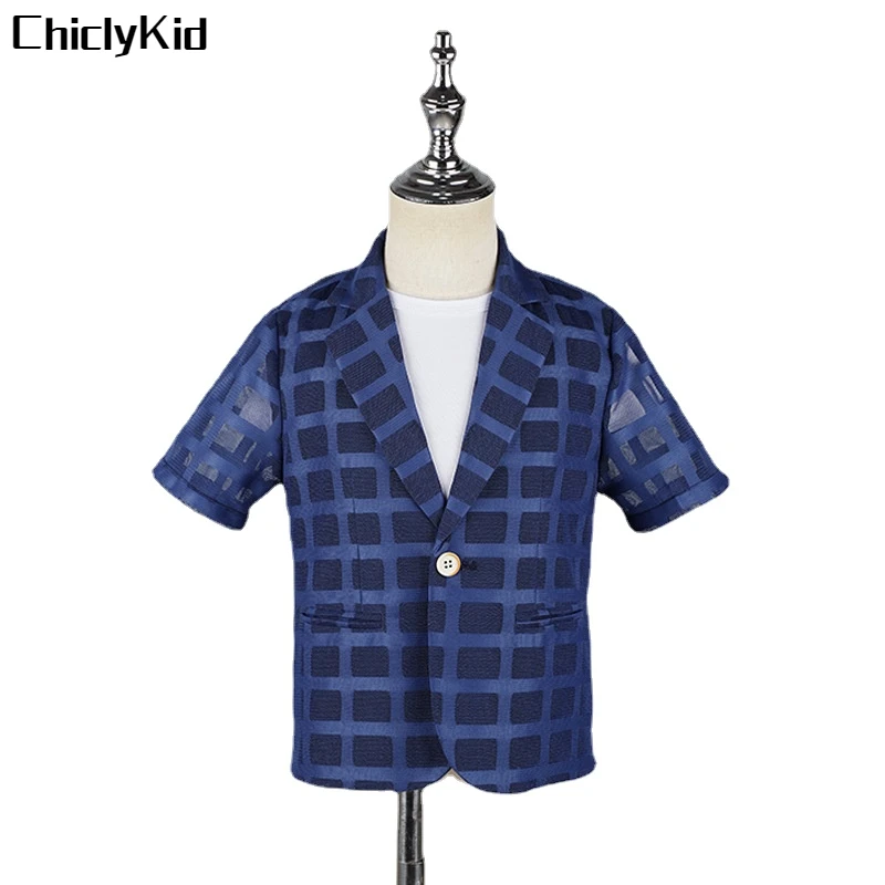 Boys Plaid Short Sleeved Suit Jacket Kids Summer Fashion Hollowed Out Coat Child Blazer Clothes Baby Toddler Cool Gentlemen Top