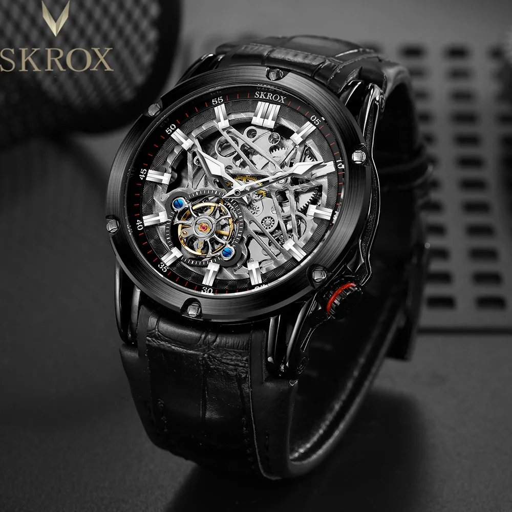 SKROX Original Brand Stainless Steel Skeleton Automatic Man Watch Mechanical Field Sports Military Men\'s WristWatches Clockwork