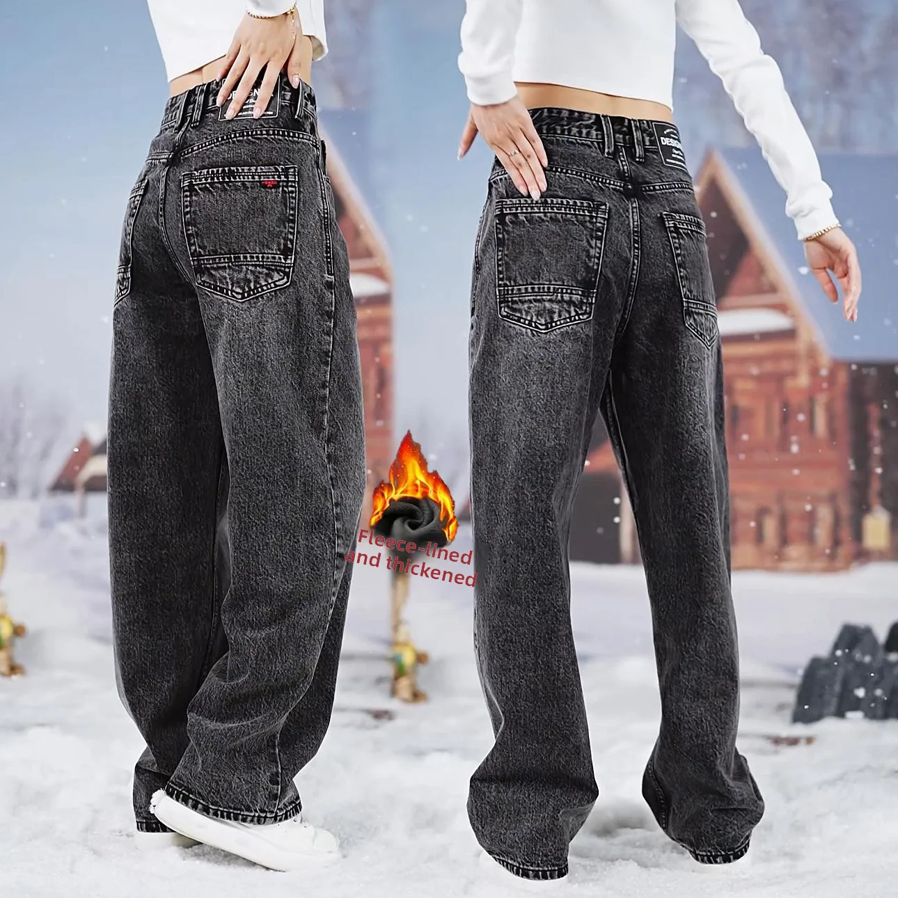 

Мужские джинсы прямого кроя в стиле ретро-американский, осенне-зимние, свободные, широкие, длинные, с узором «снежинка», на подкладке.