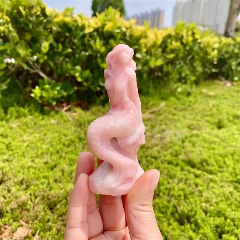 Natural Pink Opal Mermaid Carving Shape Crystal Reiki Healing Fengshui Stones Home Decoration Gift 1PCS