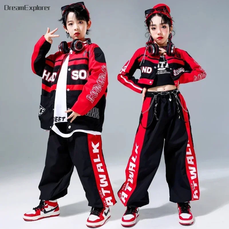 Hip Hop Girls Motorcycle Sport Cropped Jacket Cargo Pants Boys Street Dance Coat Clothes Sets Kids Streetwear Child Jazz Costume