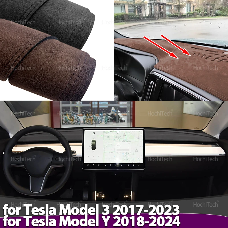 

Для Tesla Model 3 2017-2023 Model Y 2018-2024 замшевый кожаный коврик для приборной панели, черный/коричневый чехол для приборной панели, солнцезащитный коврик