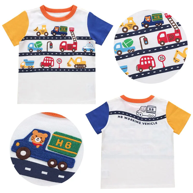 

2025 Short sleeved Summer New Cotton Cute High quality Children's Cartoon Mazzi Bear Engineering Car Color blocked Short T-shirt