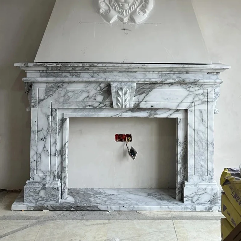 French Style Natural Arabescato White Marble Fireplace Surround Mantel Artistic Engraving for Dining 1-Year for Indoor Hotel