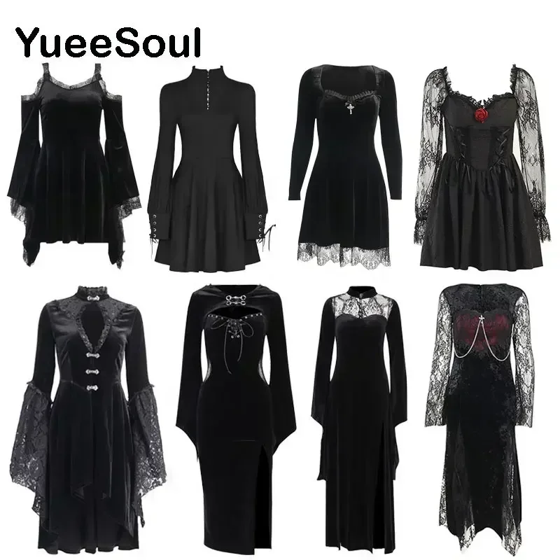 Halloween Gothic Women Dress Long Sleeve High Waist Dresses 2024 New Goth Aesthetic 90s Egirl Sexy Slim Party Club Dress