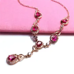 585 Purple Gold Plated 14K Rose Inlaid Water Drop Ruby Pendant New Chain Necklace Luxury Wedding Fashion Dinner Jewelry Gift