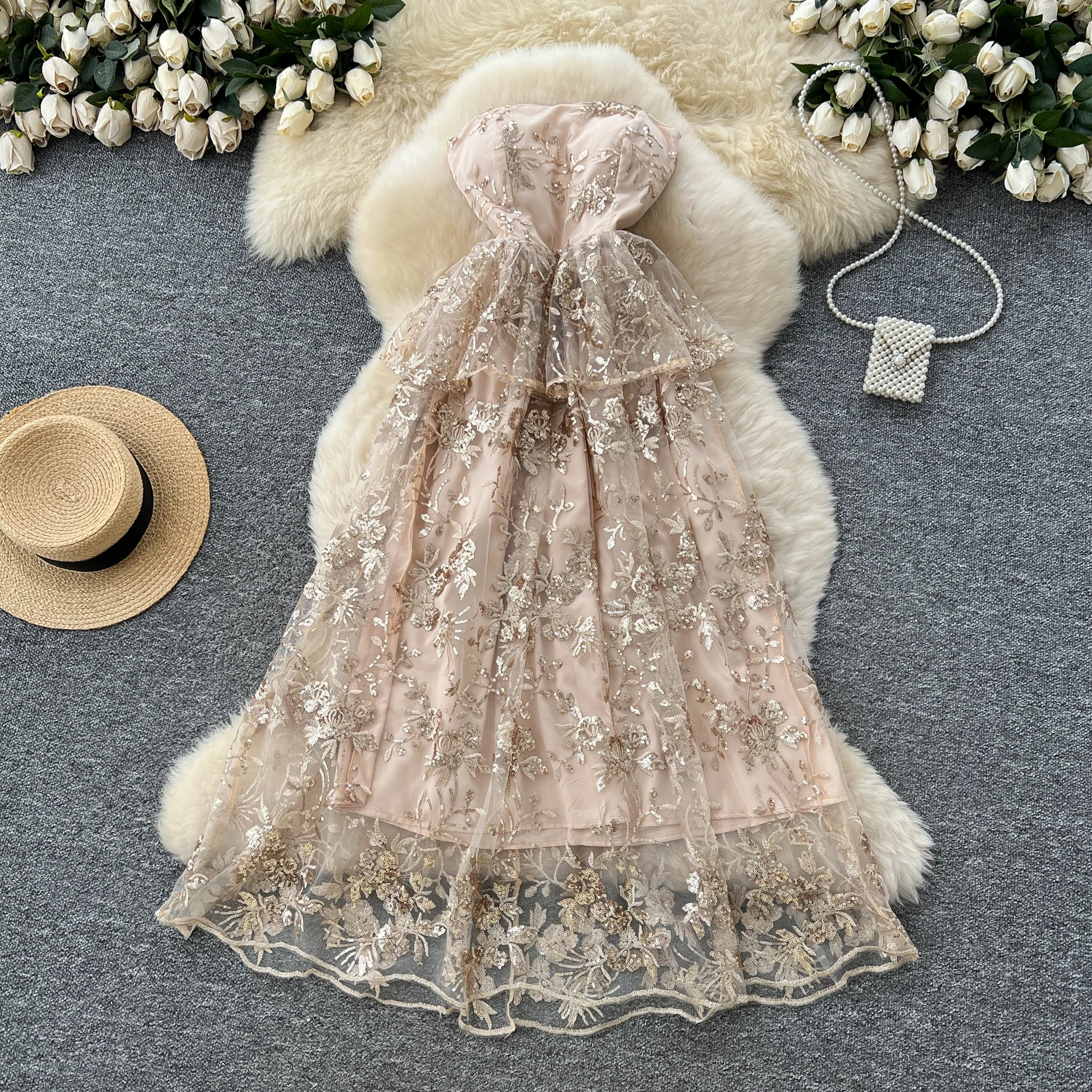 

Luxury Sequin Formal Evening Long Dresses Women Summer Cake Dress Tulle Chest Wrap Padded Corset Birthday Prom Vestidos Party