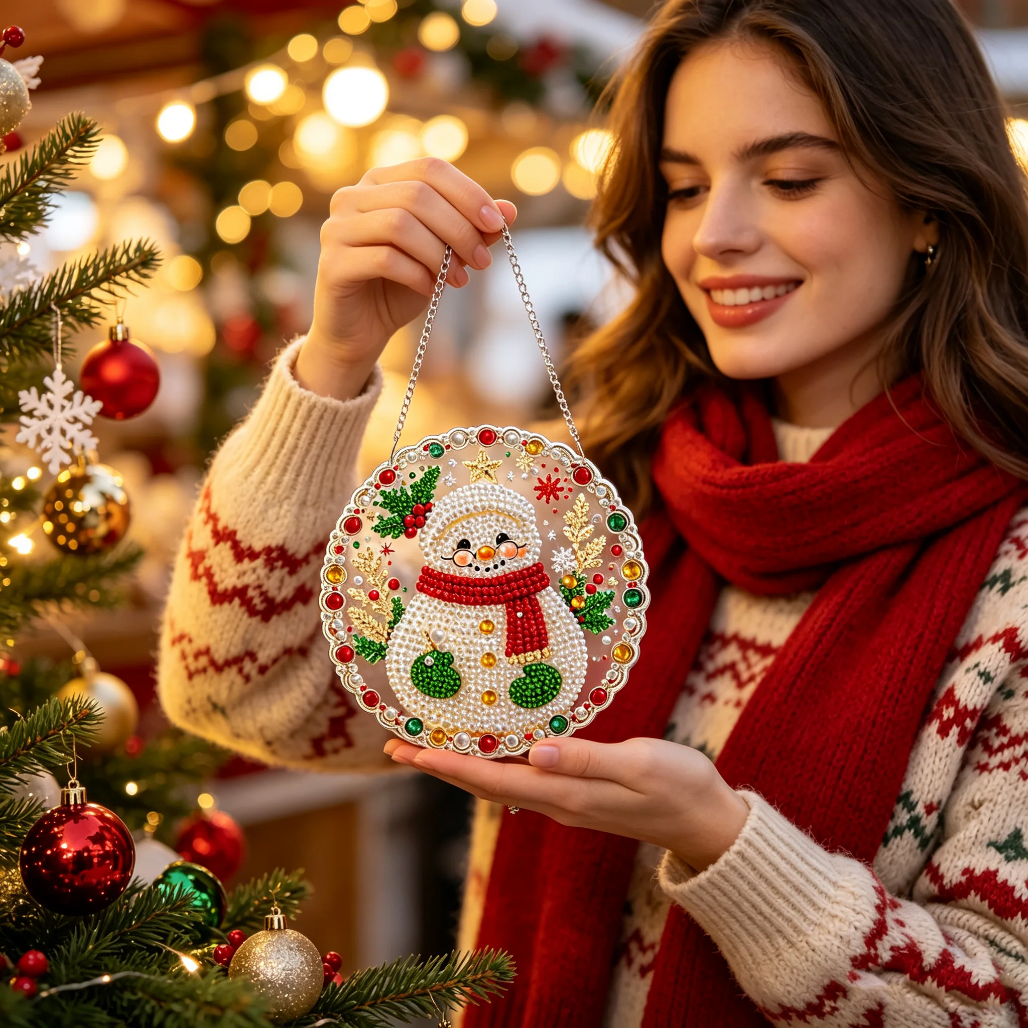 DIY Weihnachts-Perlen-Diamant-Malerei-Anhänger, runde Acrylplatte, 2D flache Perlen-Bastelarbeiten, Feiertags-Fenster- und Wanddekoration – Detail 6