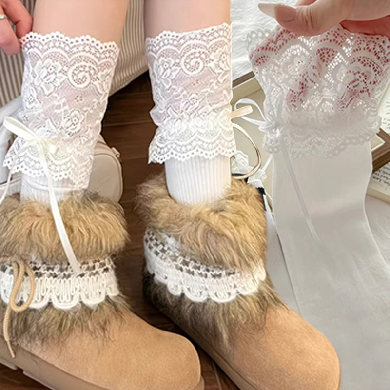 

Женские носки с кружевной отделкой Y2K, носки до щиколотки с бантом в стиле Лолиты, штабелируемые, свободные, мягкие, дышащие, модные, повседневные, до середины икры JK