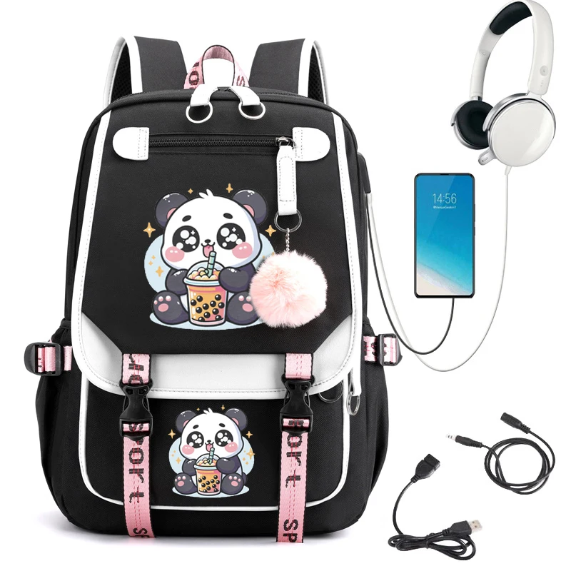 Plecak dla studentów codzienna torba na ramię Panda herbata Boba z Anime Kawaii torba na laptopa z modą podróżną plecak z Usb na laptopa