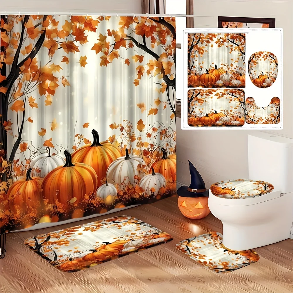 

Набор для ванной комнаты с кленовым листом и оранжевой тыквой, 4 предмета, нескользящий коврик, U-образный коврик, коврик для сиденья унитаза, занавеска для душа