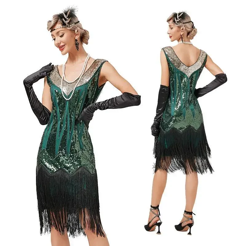 Vintage 1920s Flapper con scollo a v abito con doppia nappa Great Gatsby Costume Cosplay Cocktail Party Charleston Dance abito con paillettes