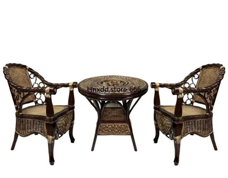 Antique natural rattan chair three-piece Chinese solid wood balcony elderly leisure rattan chair