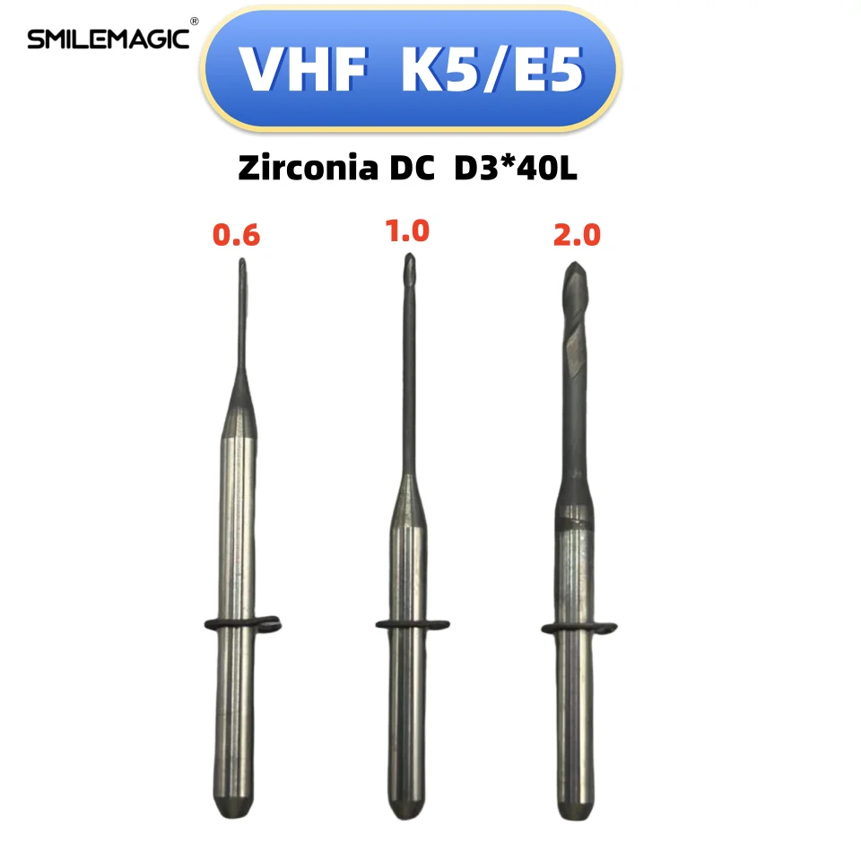 VHF K5 E5 Dental Burs Milling for Zirconia PMMA Single Cut Dental Lab Grinding Diamond Coating D3 CAD CAM Milling Drills