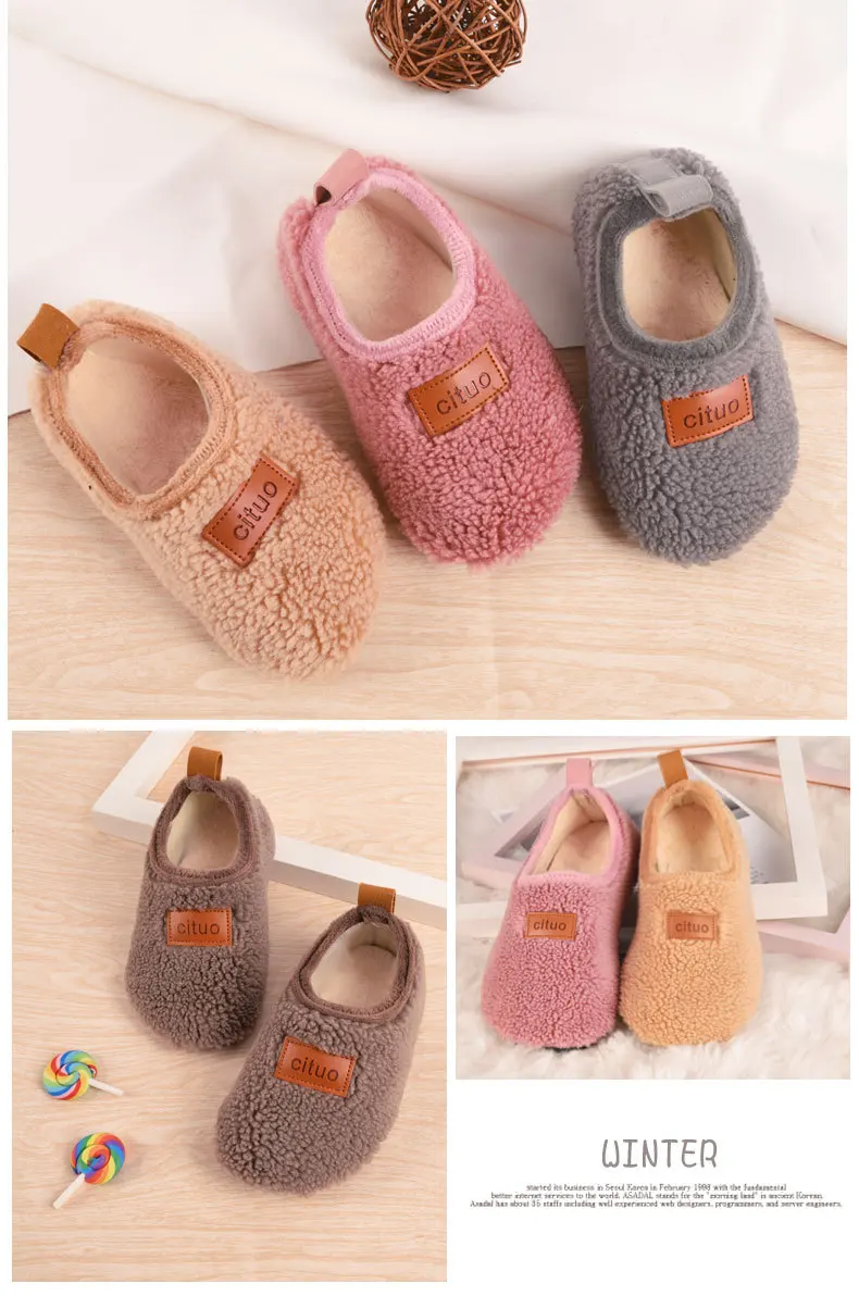 Kinder Baumwolle Hausschuhe Solide Warme Kinder Winter Hause Schuhe Jungen Mädchen Plüsch Boden Schuhe Indoor Weiche Sohle Anti-slip Baumwolle schuhe – Detail 1