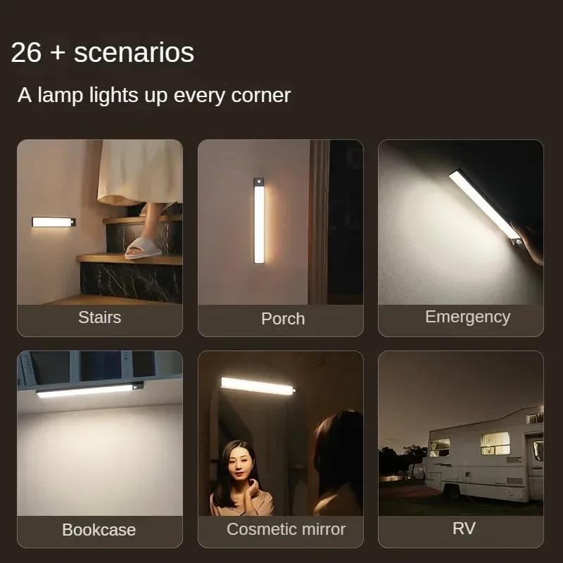 USB recarregável sem fio LED Night Light, sensor de movimento, sob as luzes do armário, lâmpada de armário, armário, cozinha, quarto, corredores