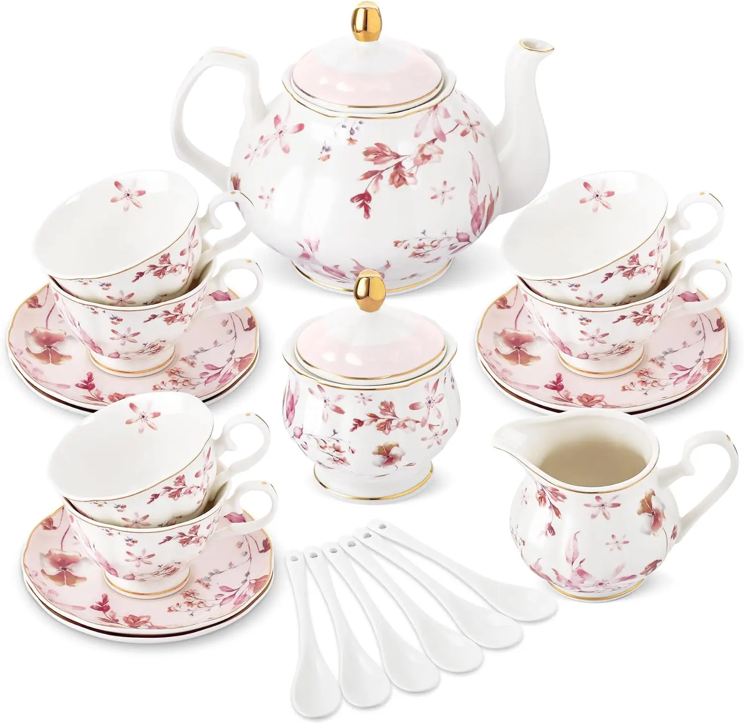 Porcelain Tea Set, 21-Piece British-Style with Pink Autumn Leaves and Floral Pattern