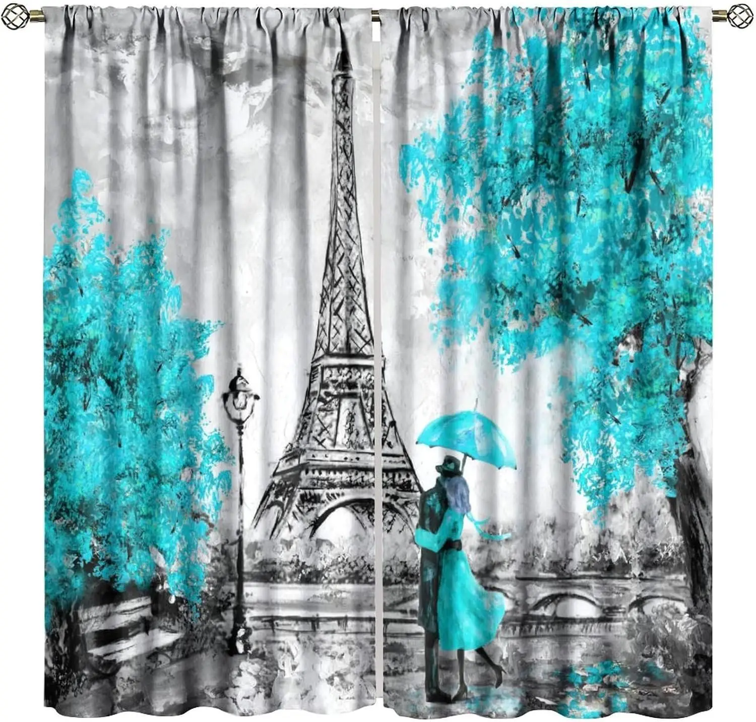 Eiffel Tower Curtains,Blue Oil Painting Style Valentine's Day Paris Tower Pattern Decor Window Rod Pocket Drapes Bedroom Living