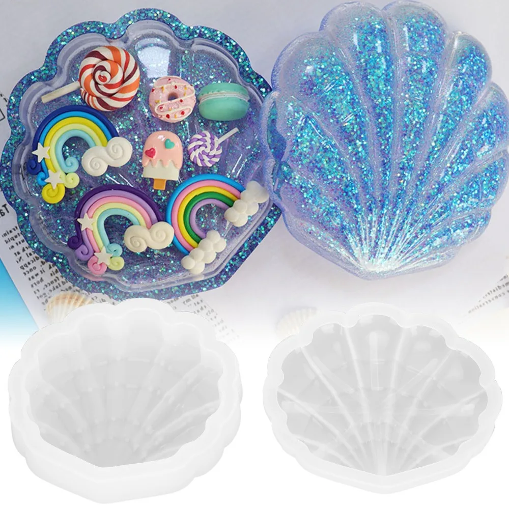2pcs 3D Silicone Shell Mould Seashell White Storage Box Mould Trinket Container With Lid DIY Silicone Mould Casting Projects