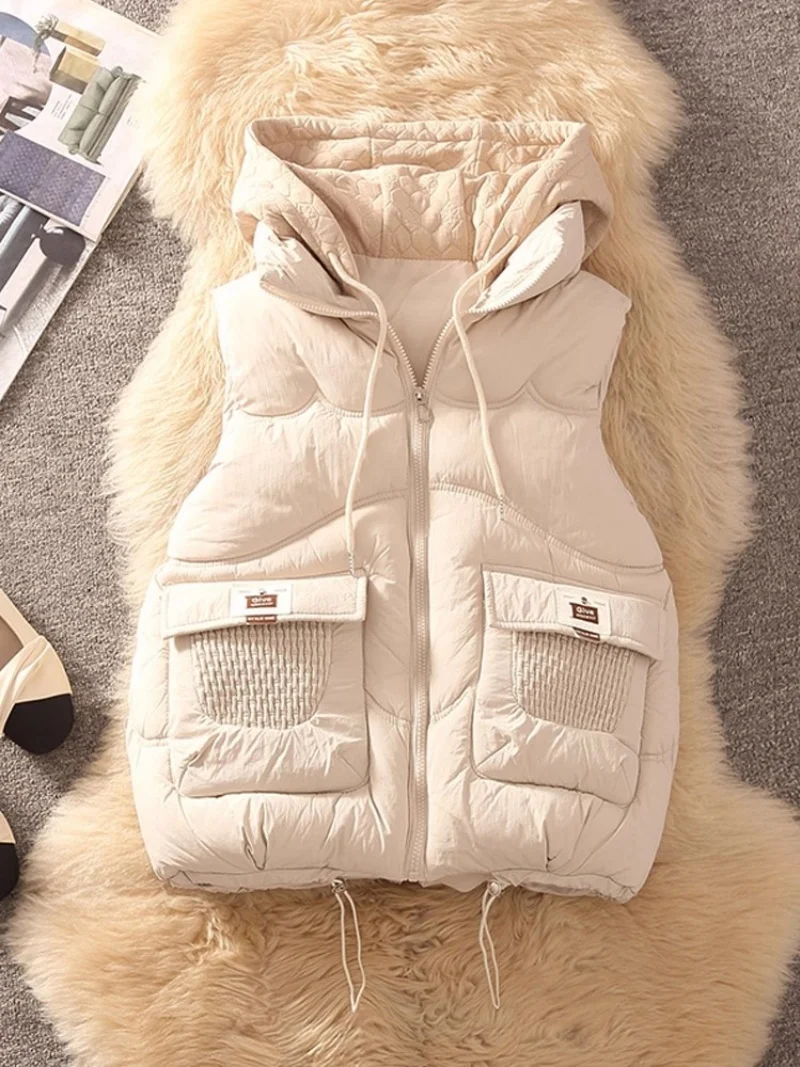 

Женская зимняя куртка, жилет, осень-весна 2024, верхняя одежда, модная теплая майка, корейский жилет без рукавов с капюшоном W1306