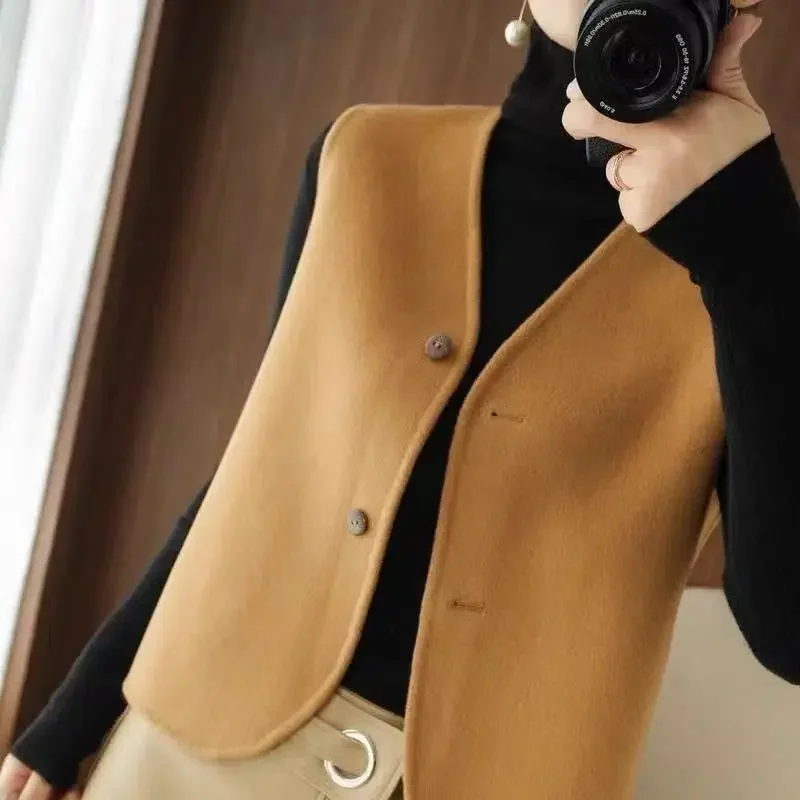 

New Women's Woolen Vestes Sleeveless Cardigan Short Jacket Korean Fashion Tops Coats Canvas Tweed Jackets