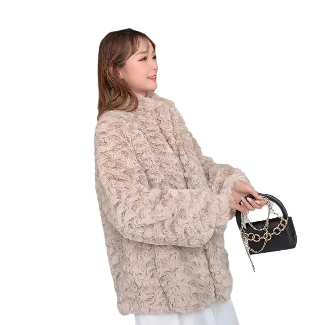 معاطف نسائية قصيرة متينة سترات من فرو الأرنب الصناعي بياقة واقفة وأكمام طويلة واحدة الصدر فضفاضة أنيقة غير رسمية لخريف وشتاء 2025