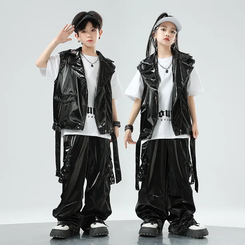 Kids Teenager Boy Gril Hip Hop Jazz Leather Motorcycle Vest Pant Sets Children Fashion Show Clothing Jacket Trousers Costume