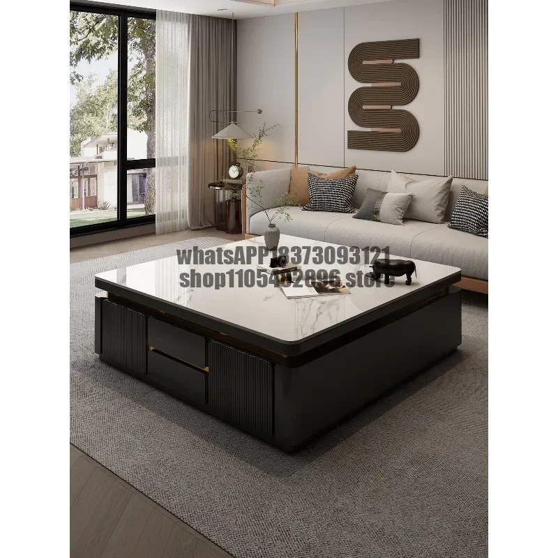 Square marble solid wood coffee table, light luxury and high-end feel, modern minimalist villa living room