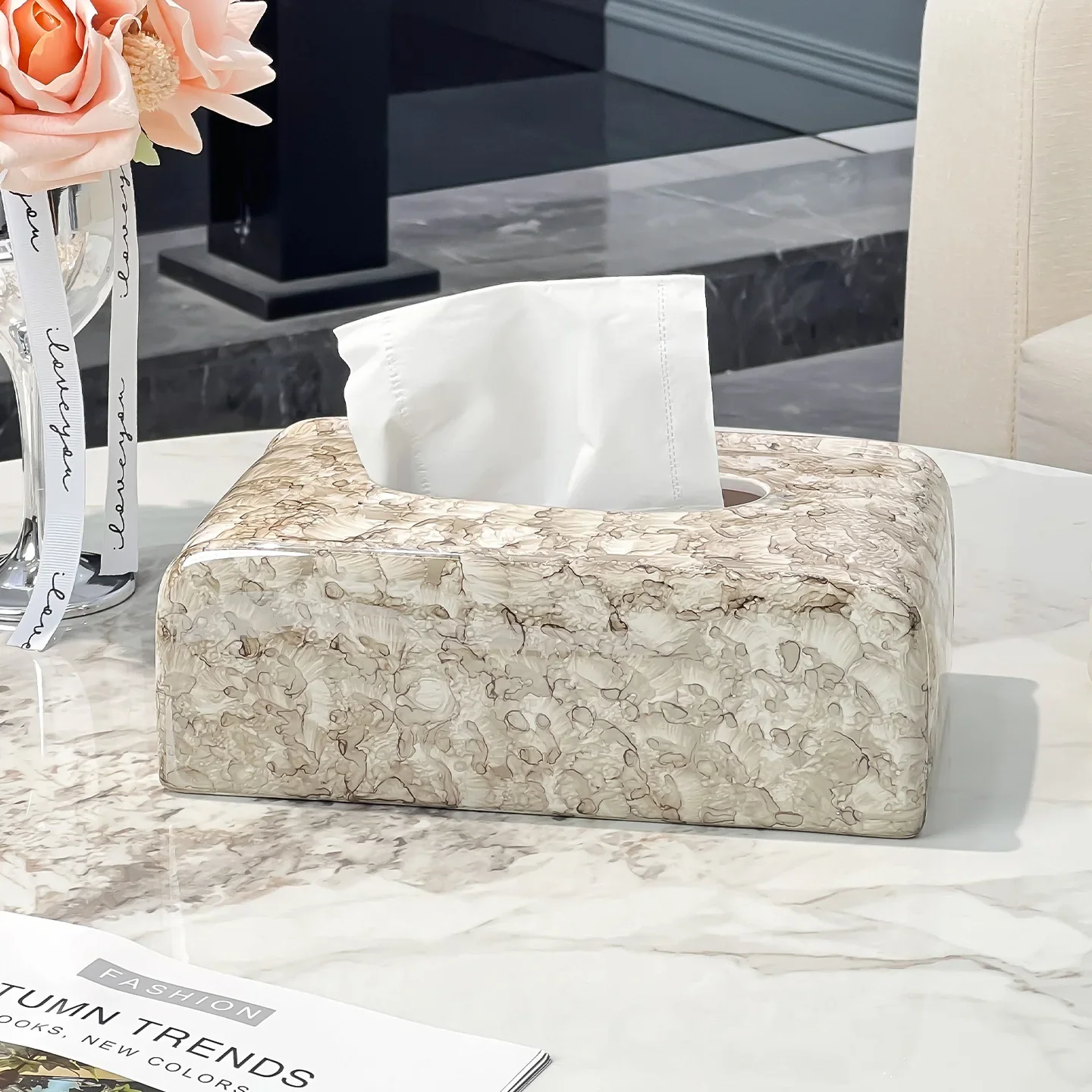 Marble Pattern Shell Texture Tissue Box Rectangular Resin Tissue Holder for Bathroom Desk Office Luxury Home Decor Gift