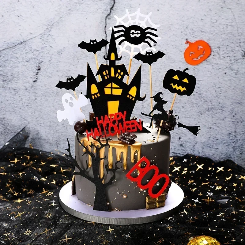Halloween Cake Toppers DIY Cupcake Topper Castle Ghost Witch Vampire Pumpkin Cake Flags Kids Birthday Wedding Party Baking Decor