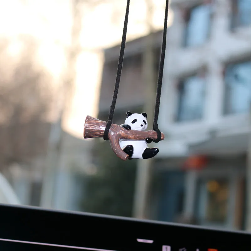 Cute Panda Swing Rearview Ornament Creative  Tree Branch Rearview Glass  Ornament For Car Women Girls Fun Backpack Pendants