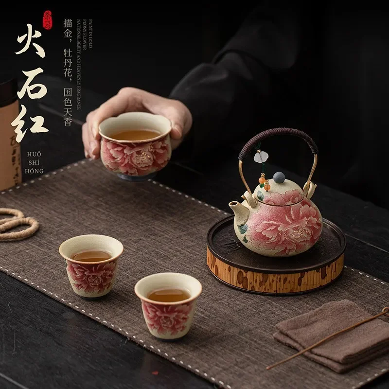 Unique Colorful Luxury Gift Teapot Set Household Retro One Pot Three Cups Kung Fu Tea Set as a Souvenir for Elderly Customers