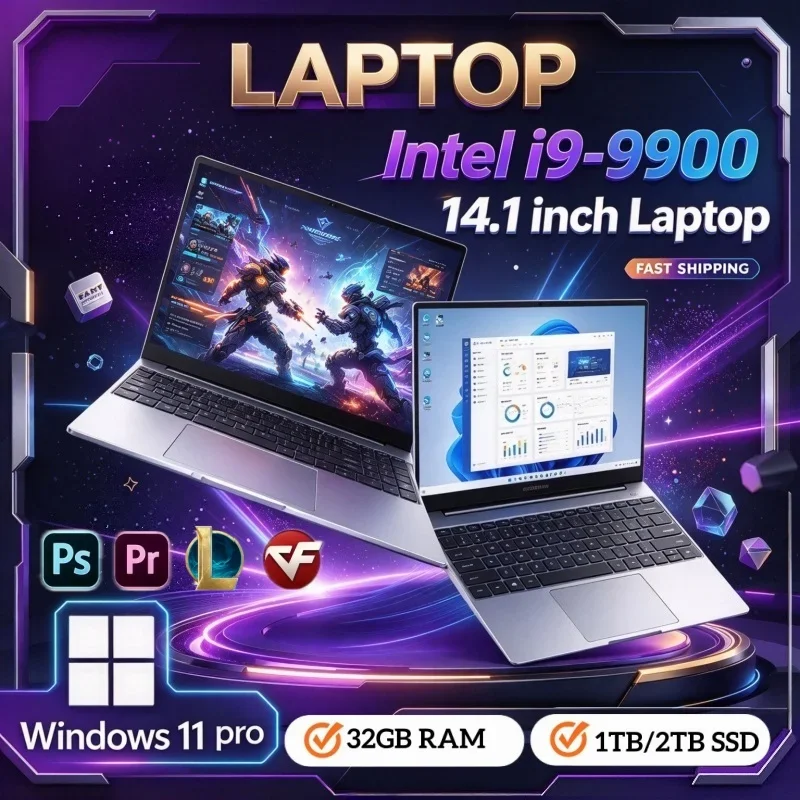 Intel i9-9900 Powerful Ultra-thin Laptop 14.1 Inch 2026 Portable Laptop Windows11 16GB/32GB RAM 1/2TB Large SSD