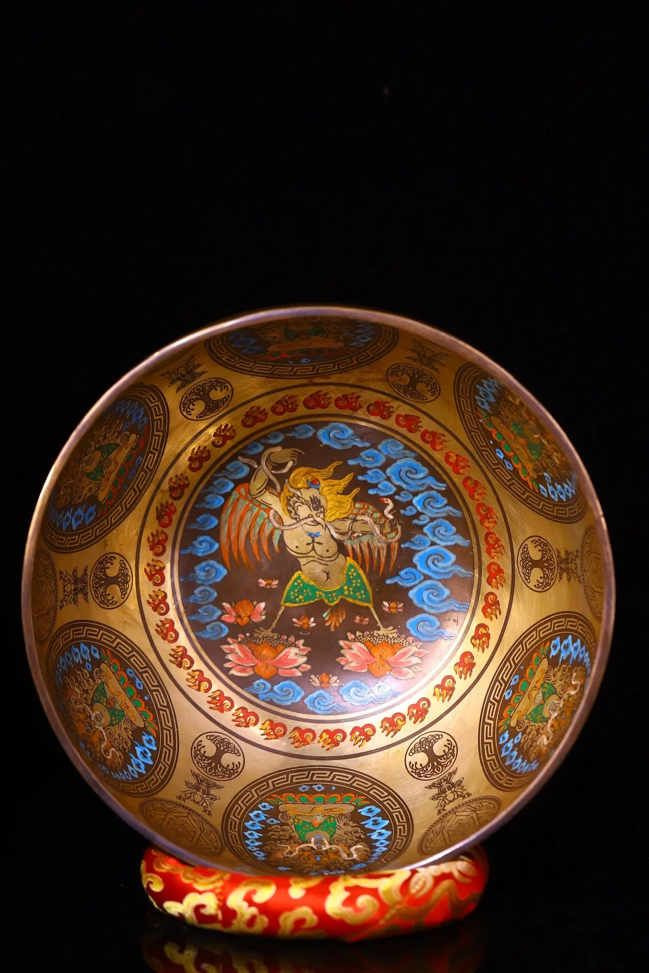 

11"Tibetan Temple Collection Old Bronze Painted Six Character Proverbs Garuda Dhwaja Buddhist Music Bowl Amulet Worship Hall