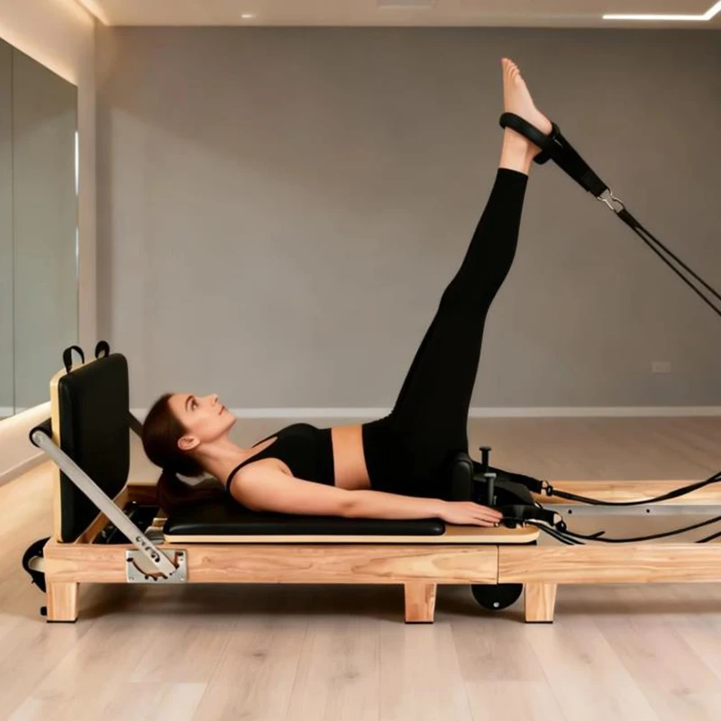 

Chaoyuan New High Quality Portable Home Reformer Durable Thai Rubberwood Wooden Foldable Pilates Reformer