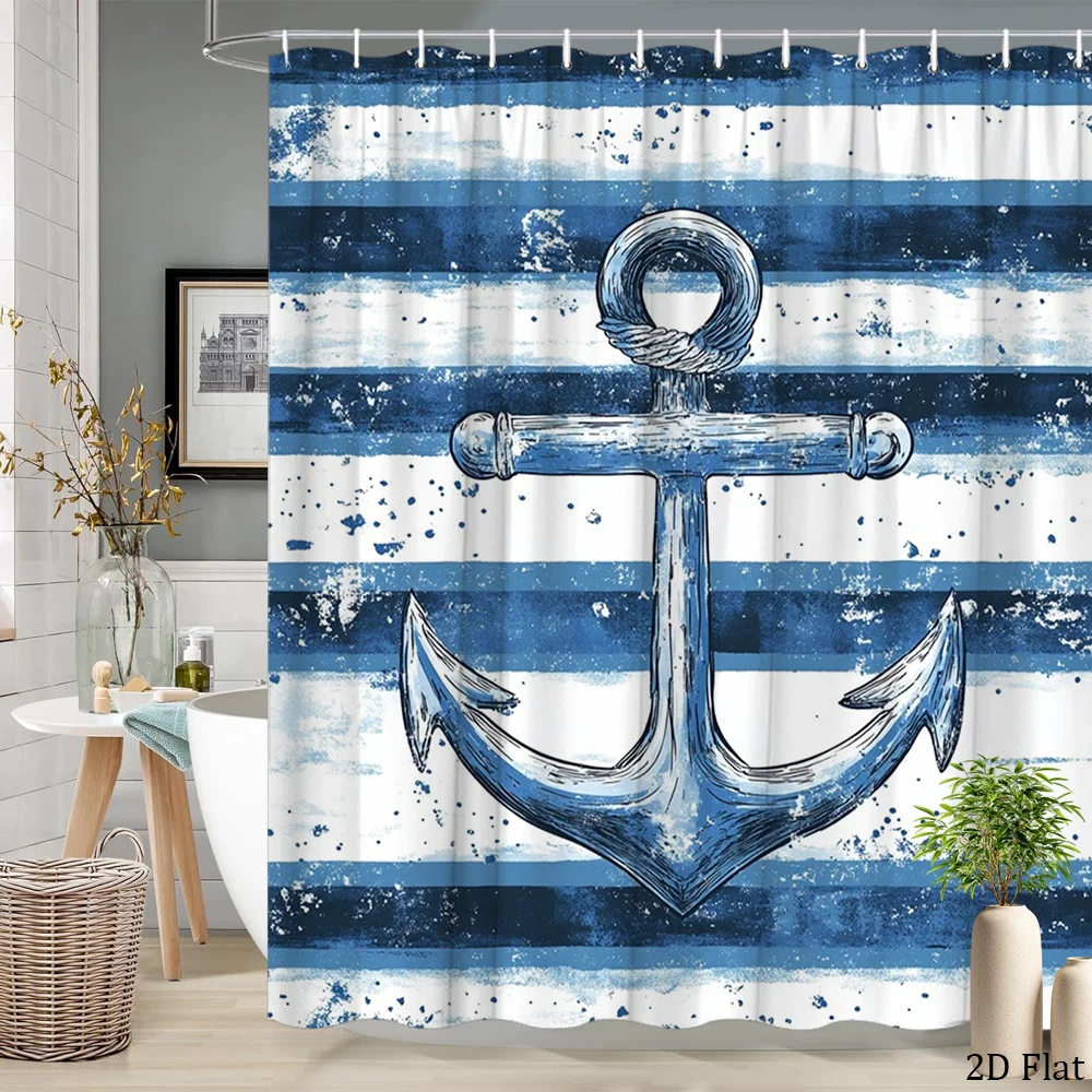 

Waterproof Nautical Anchor Blue and White Stripes Shower Curtain Liner for Coastal Bathroom Decor Marine Style Chic Home Accesso