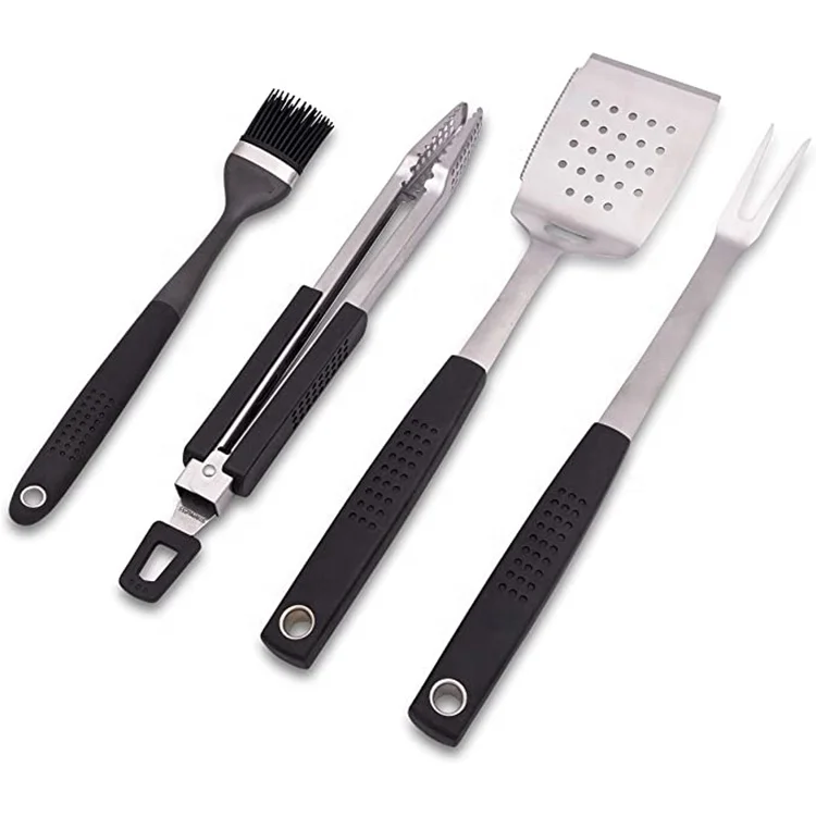 

4 Piece Bbq Stainless Steel Grilling Tool Set Food Tongs Spatula Bottle Opener Barbecue Meat Fork Basting Brush Utensils Kit