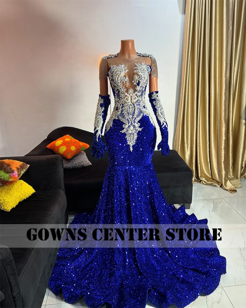 Sequin Royal Blue Luxury Prom Dresses Crystal Beading Tassles With Gloves Elegant Party Dress Mermaid Formal Gowns Customized