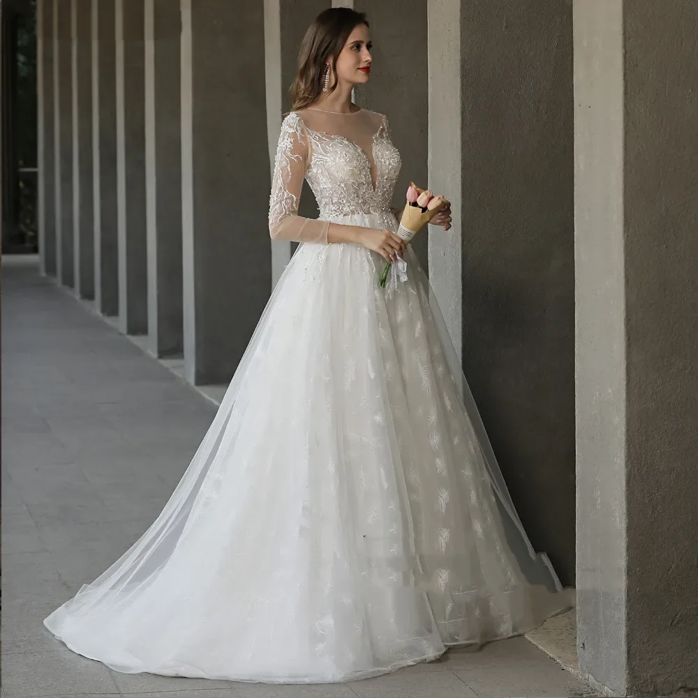 플라빈케 맞춤형 O넥 레이스 스커트 웨딩드레스 여성용 긴팔 오픈 백 보헤미안 A라인 브라이덜 가운 웨딩드레스