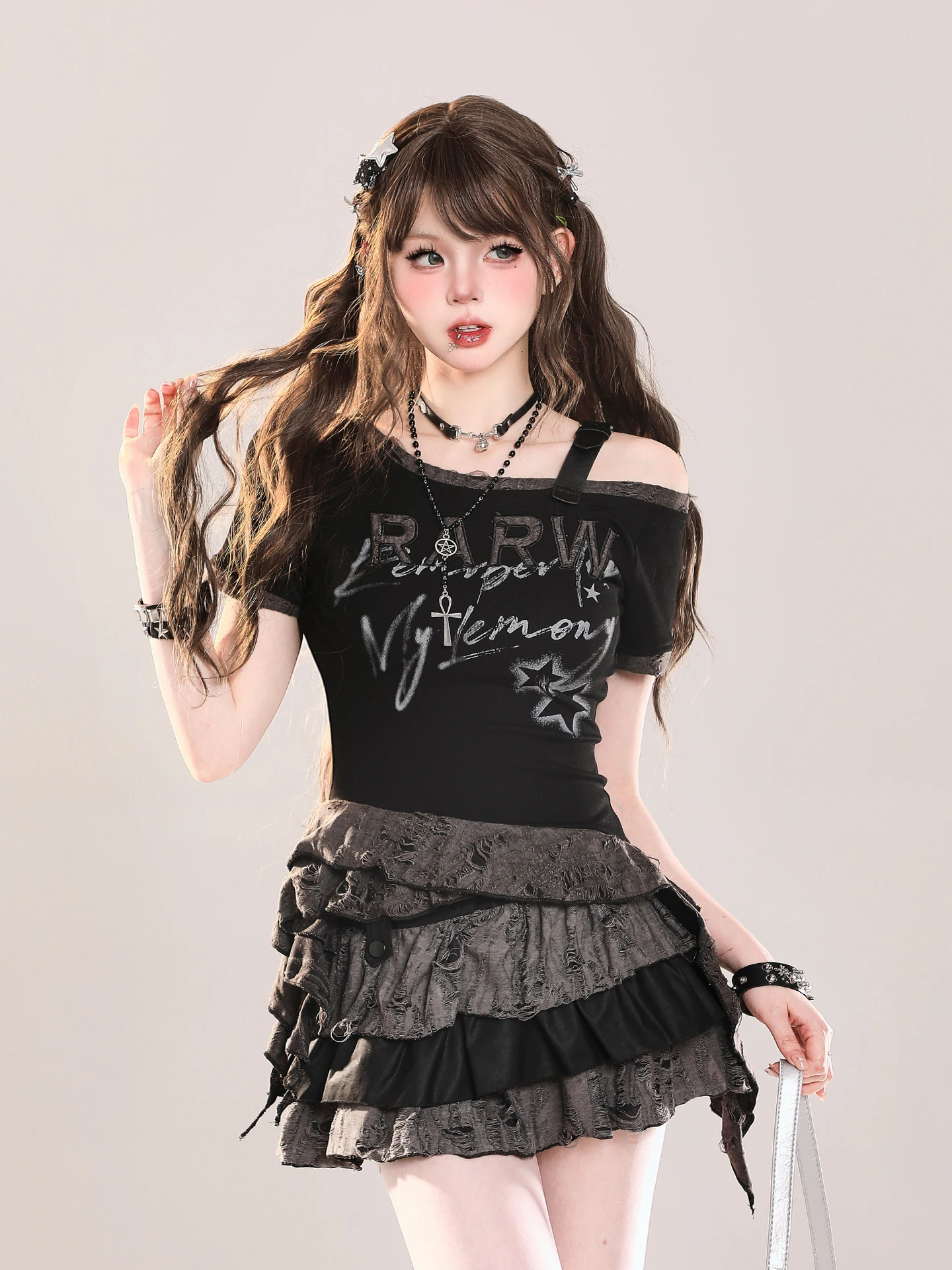 

Новый летний комплект: топ с открытыми плечами и шорты из хлопка в стиле Sweet Cool Spicy Girl Subculture Design