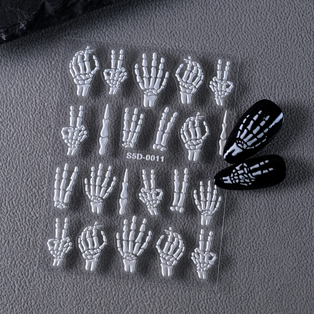 1Pc Punk Weiß Skeleton Hand Nail art Aufkleber 5D Schädel Hand Form Klebstoff Aufkleber DIY Halloween Sliders Maniküre dekoration