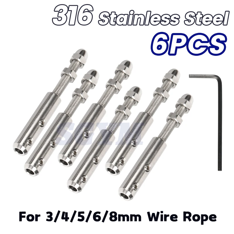 6pcs Handscrew Clamp 316 Stainless Steel Wire Rope 3/4/5/6/8mm Threaded Stud Tension End Fitting Hexagon Screw for Stair Post