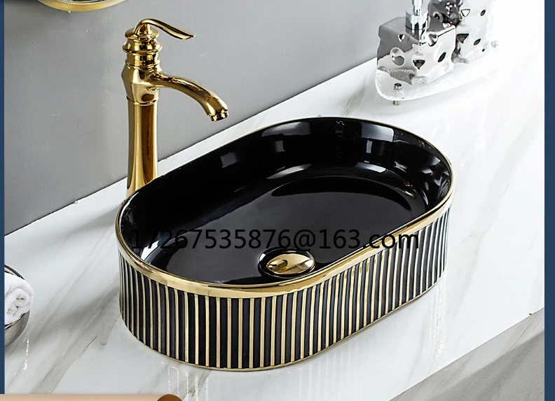 

Electroplated ceramic art basin color glaze table basin bathroom wash basin gold and silver ribbon faucet